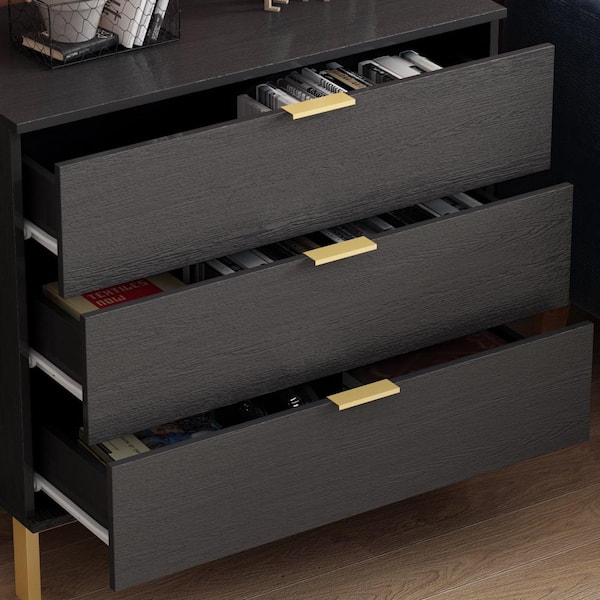 Drawer RH UA 秋冬物 かしみ様 FUFU&GAGA 3-Drawers Black Wood Chest of Drawers Dresser