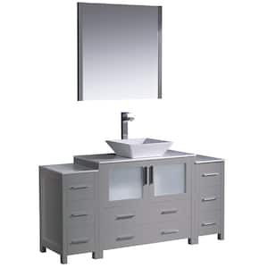 Torino 60 in. Bath Vanity in Gray with Glass Stone Vanity Top in White with White Vessel Sink, Side Cabinets and Mirror
