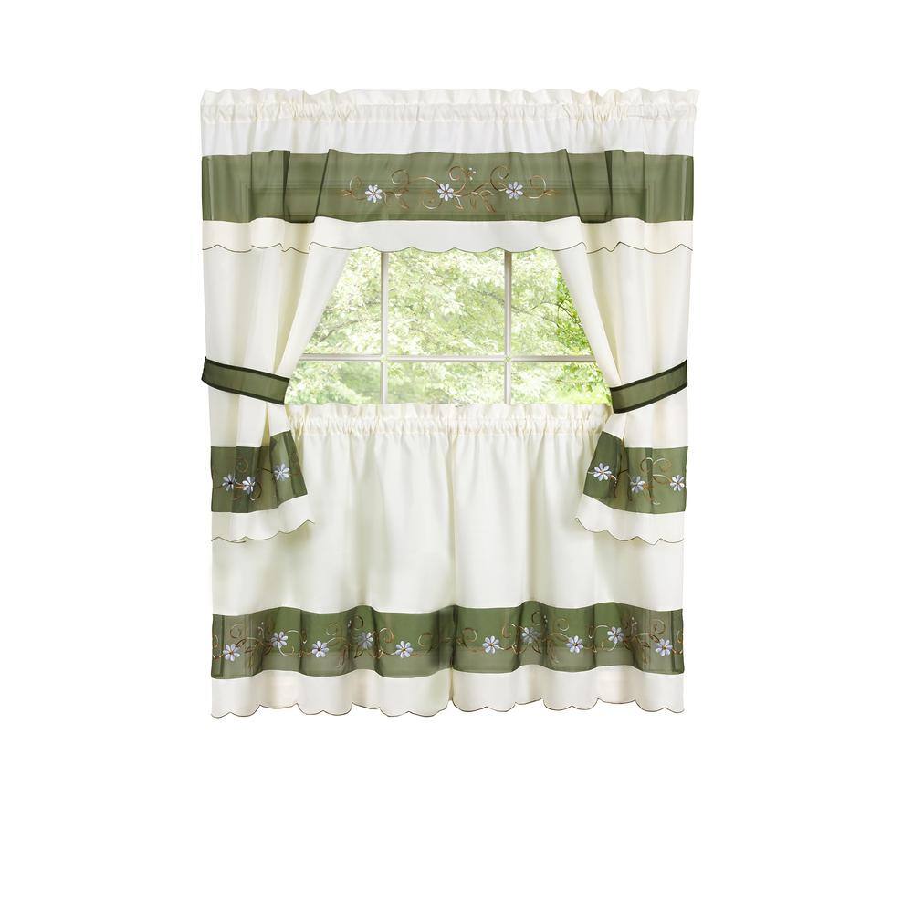 Green and White Floral Embellished Cottage Curtain Set, 58 x 24