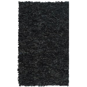 Leather Shag Black 4 ft. x 6 ft. Solid Area Rug