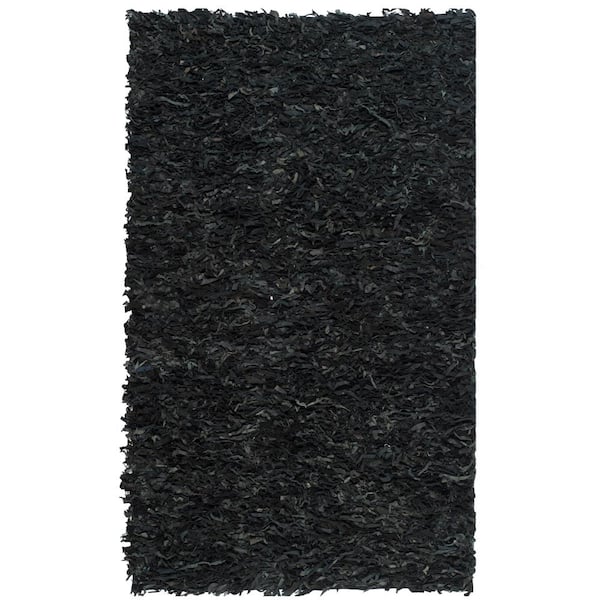 SAFAVIEH Leather Shag Black 4 ft. x 6 ft. Solid Area Rug