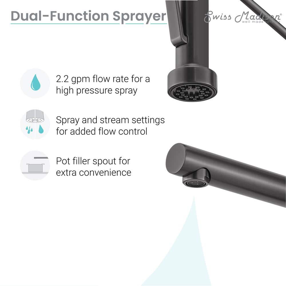 Gunmetal Gray Single Handle Pull-Down Kitchen Faucet with Pot Filler