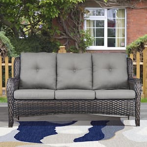 Larocca Brown 1-Piece Metal Wicker Outdoor Couch with Gray Cushions