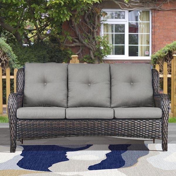 Larocca Brown Metal Wicker Outdoor 3-Seat Couch Patio Sectional Sofa with CushionGuard Gray Cushions