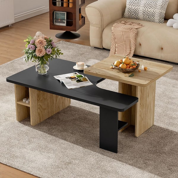 47.2 in. Black Rectangle Particle Board Wood Coffee Table with Storage Space and 2-Pieces