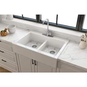 34 in. Farmhouse/Apron-Front 3-Hole Double Bowl White Fireclay Kitchen Sink with Bottom Grid