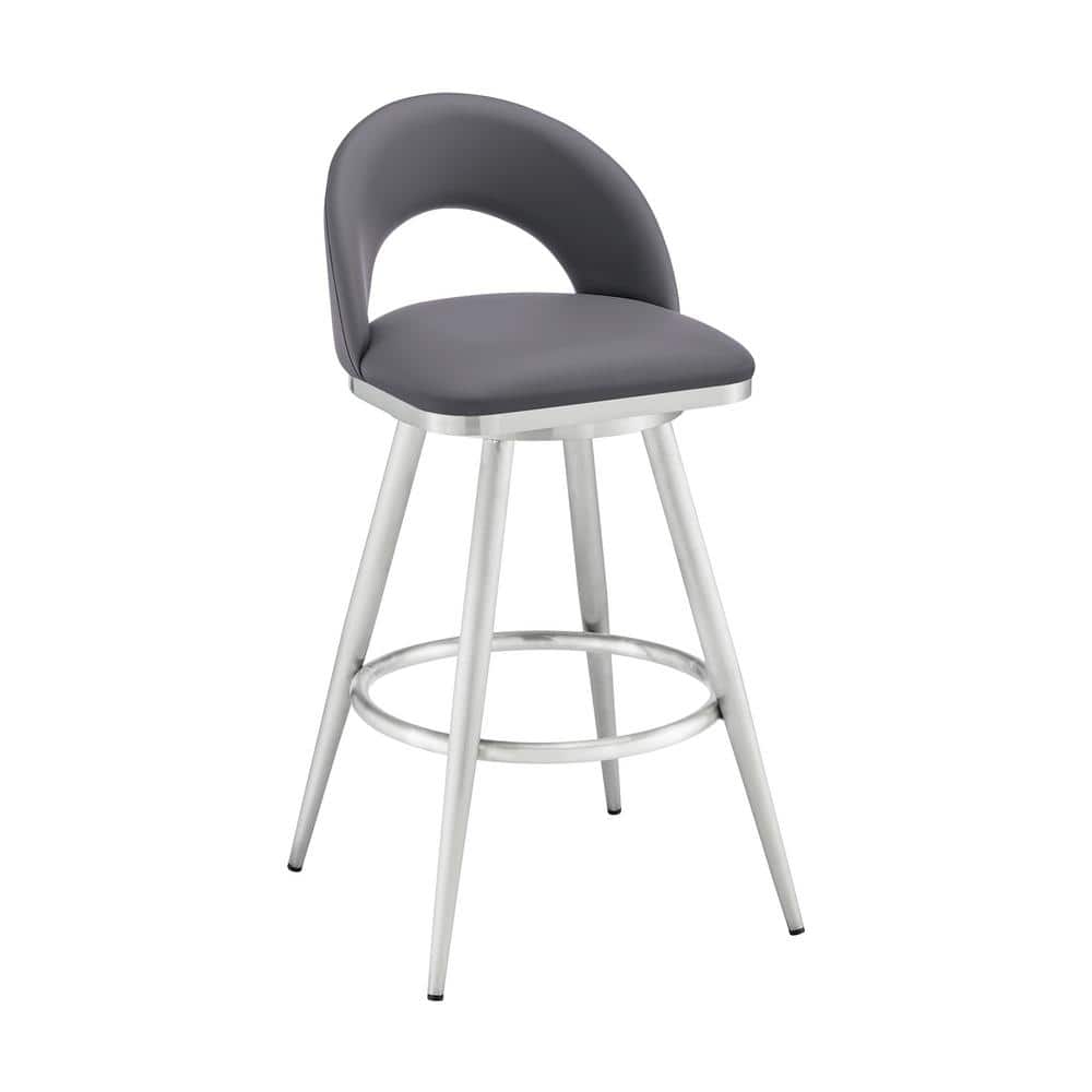 Gray Faux Leather Swivel Bar Stool with Brushed Stainless Steel Frame