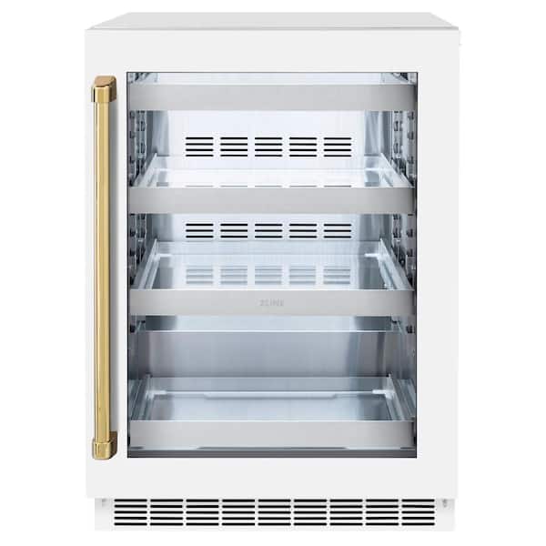 ZLINE Kitchen and Bath Touchstone 24 in. Single Zone 151 Can Beverage and Wine Cooler with Glass Door in Matte White and Polished Gold