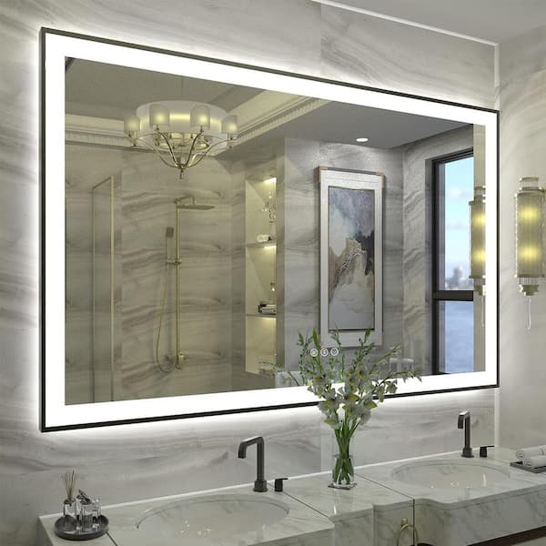 KIOTEE 55 in. W. x 36 in. H Rectangular Framed Front and Back LED Lighted Anti-Fog Wall Bathroom Vanity Mirror Tempered Glass