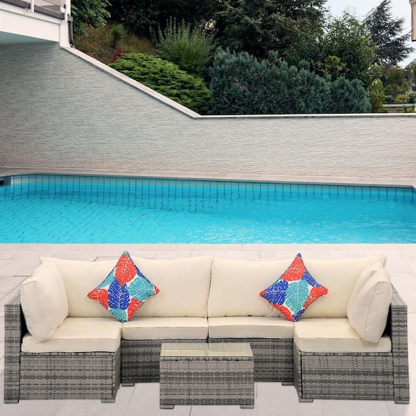 Gray 7-Piece Wicker Rectangular 28.74 in. Outdoor Bistro Set with Cushion Guard Beige Cushions