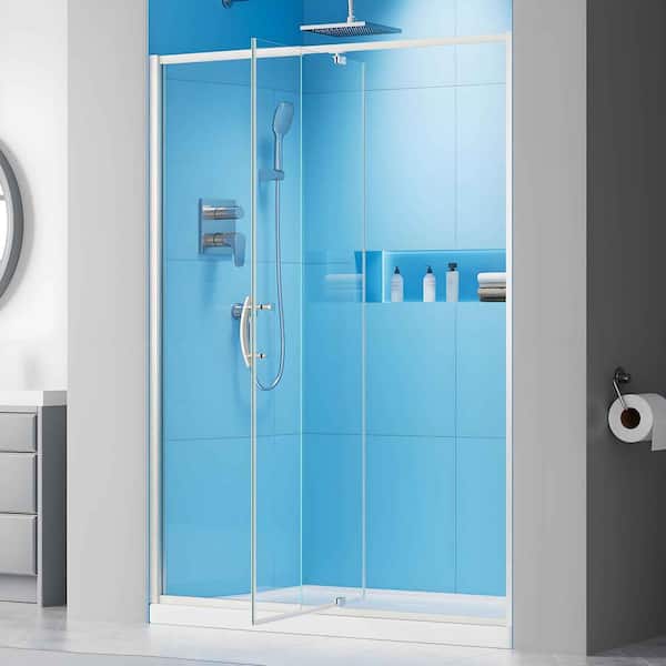 AZDHOME 44-48 in. W x 71 in. H Pivot Semi-Frameless Shower Door in Brushed Nickel with Clear SGCC Tempered Glass