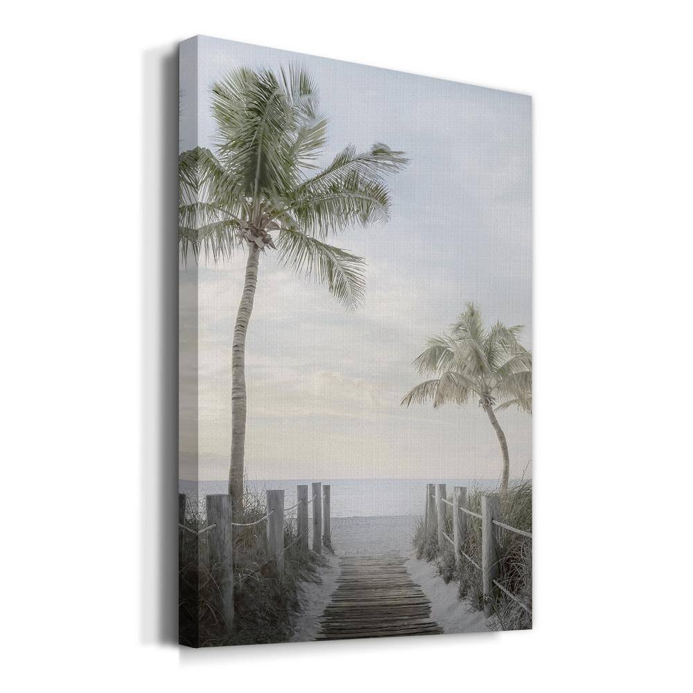 Palm Walk Coastal Landscape Canvas Painting in White Frame