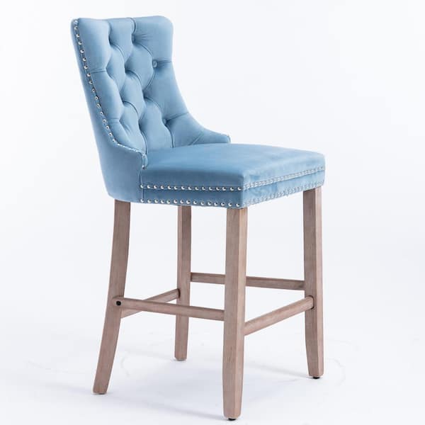 Jilla 27.2 in. Light Blue Rubber Wood Button-Tufted Bar Stools with Upholstered Velvet Seat, Nailhead Trim, Set of 2
