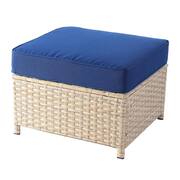 Camellia B Beige 8-Piece Wicker Patio New Style Rectangular Fire Pit Seating Set with Navy Blue Cushions