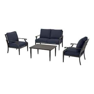 Braxton Park 4-Piece Black Steel Outdoor Conversation Deep Seating Set with CushionGuard Midnight Navy Blue Cushions