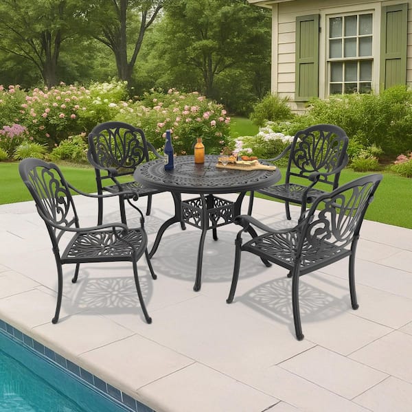 5-Piece Black Cast Aluminum Outdoor Dining Set with Brown Cushions