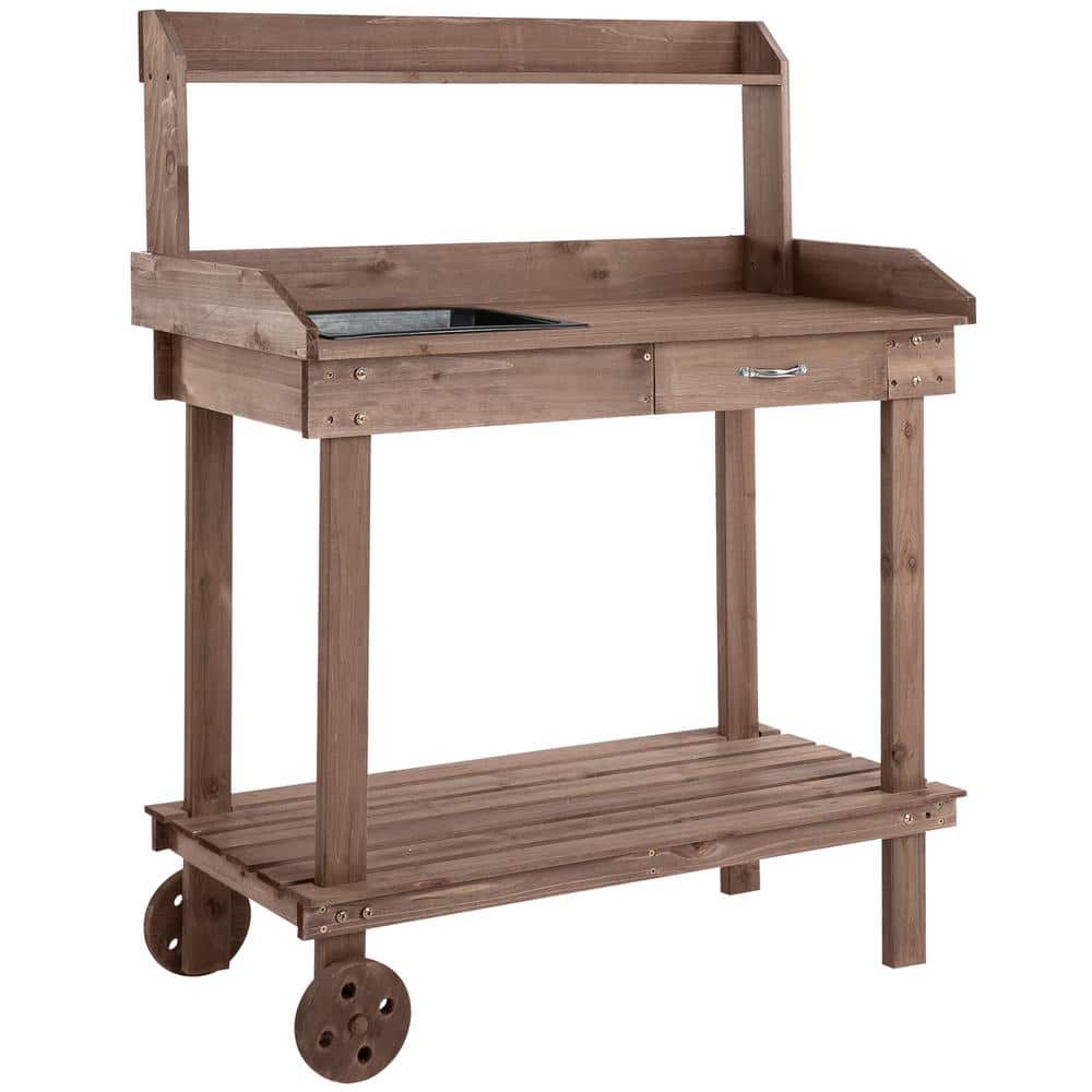 Outsunny 36'' Brown Wooden Potting Bench with Sink and Storage