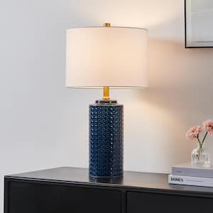 21.75 in. Glazed Blue Rattan Shaped Ceramic Table Lamp with Fabric Lamp Shade