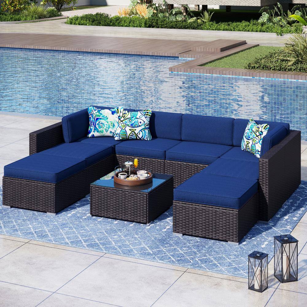 PHI VILLA Dark Brown Rattan Wicker 8 Seat 9Piece Steel Outdoor Patio