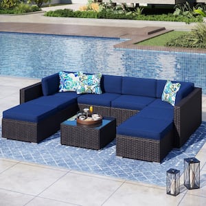 Dark Brown Rattan Wicker 8 Seat 9-Piece Steel Outdoor Patio Sectional Set with Blue Cushions, Ottomans and Coffee Table