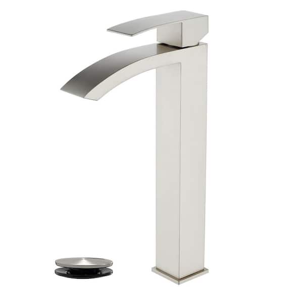 PERLIRIA INC Single Handle Vessel Sink Faucet with Pop-Up Drain, Waterfall Tall Single Hole Bathroom Sink Faucet in Brushed Nickel