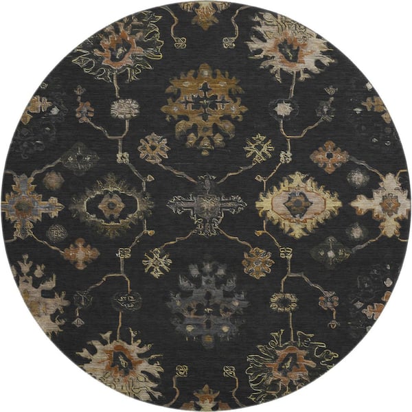Mayfield Premium Machine Washable Abstract AMF2045 Black 8 ft. x 8 ft. Round Rug