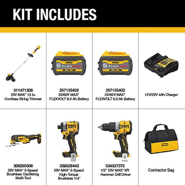 20V MAX Lithium-Ion Cordless 3-Tool Combo Kit and 13 in. String Trimmer with (2) Flexvolt 6.0 Ah Batteries and Charger