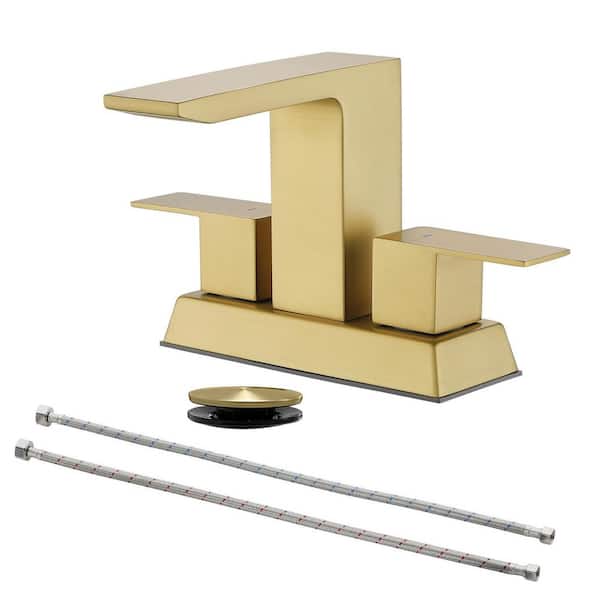 4 in. Centerset Double Handle, Square Bathroom Faucet with Drain Kit, Square Bathroom Sink Faucet in Brushed Gold