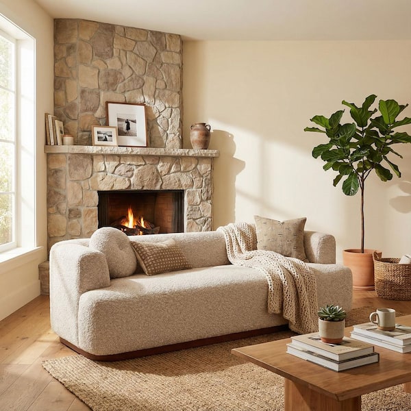 Nola 84.57 in. Polyester Upholstered Rectangle Sofa in Brown with Round Arms, Pillows, Almond