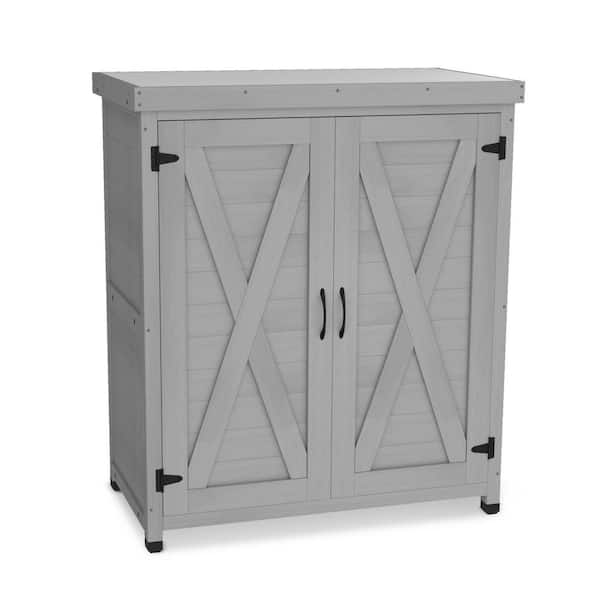 31 in. W x 17 in. D x 36 in. H Gray Wood Outdoor Storage Cabinet w/Metal Table Top Patio Planting Work Bench Table