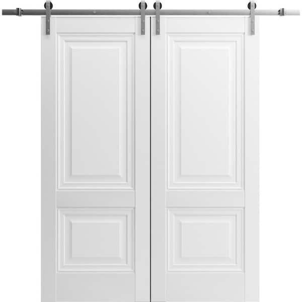 Sartodoors 24 in. x 96 in. 2 Panel Frosted Glass White Solid Wood Sliding Barn Door with Hardware Kit