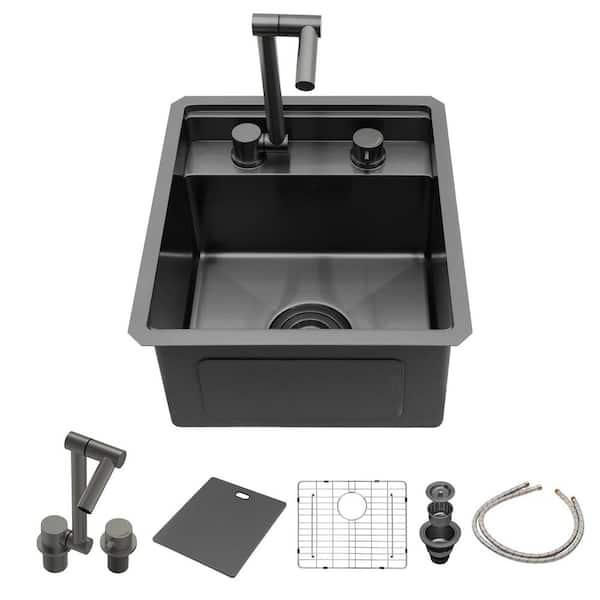 LORDEAR 15 in. x 17 in. Gunmetal Black Undermount Single Bowl 16-Gauge Stainless Steel Workstation Kitchen Sink with Faucet