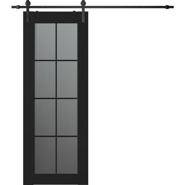 Belldinni Vona 8-Lite 32 in. x 96 in. 8-Lite Frosted Glass Black Matte Wood Composite Sliding Barn Door with Hardware Kit