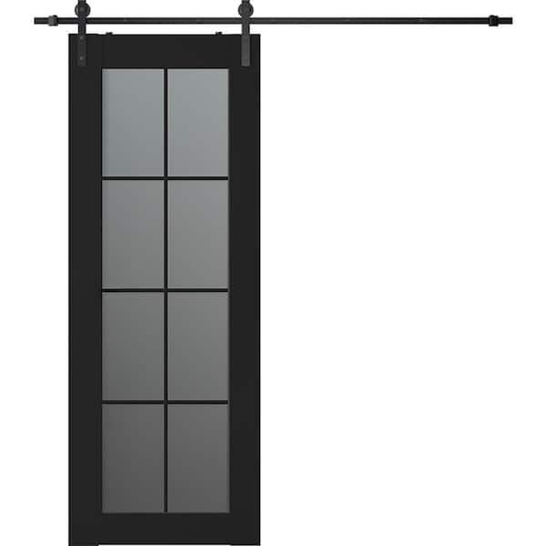 Belldinni Vona 8-Lite 30 in. x 80 in. 8-Lite Frosted Glass Black Matte Wood Composite Sliding Barn Door with Hardware Kit