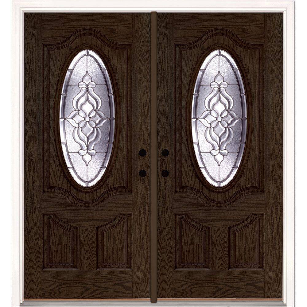 74 in. x 81.625 in. Lakewood Zinc 3/4 Oval Lite Stained Walnut Oak Right-Ha
