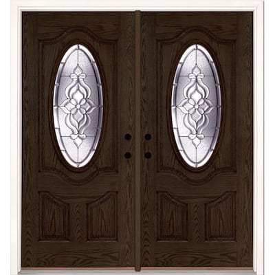 74 in. x 81.625 in. Lakewood Zinc 3/4 Oval Lite Stained Walnut Oak Right-Hand Fiberglass Double Prehung Front Door