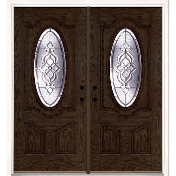 Feather River Doors 74 in. x 81.625 in. Lakewood Zinc 3/4 Oval Lite Stained Walnut Oak Right-Hand Fiberglass Double Prehung Front Door