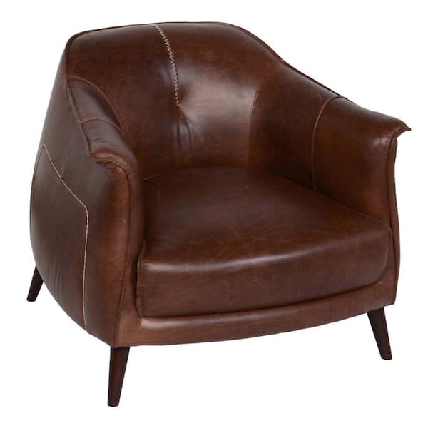 Benjara Brown Leather Club Accent Chair with Curved Backrest