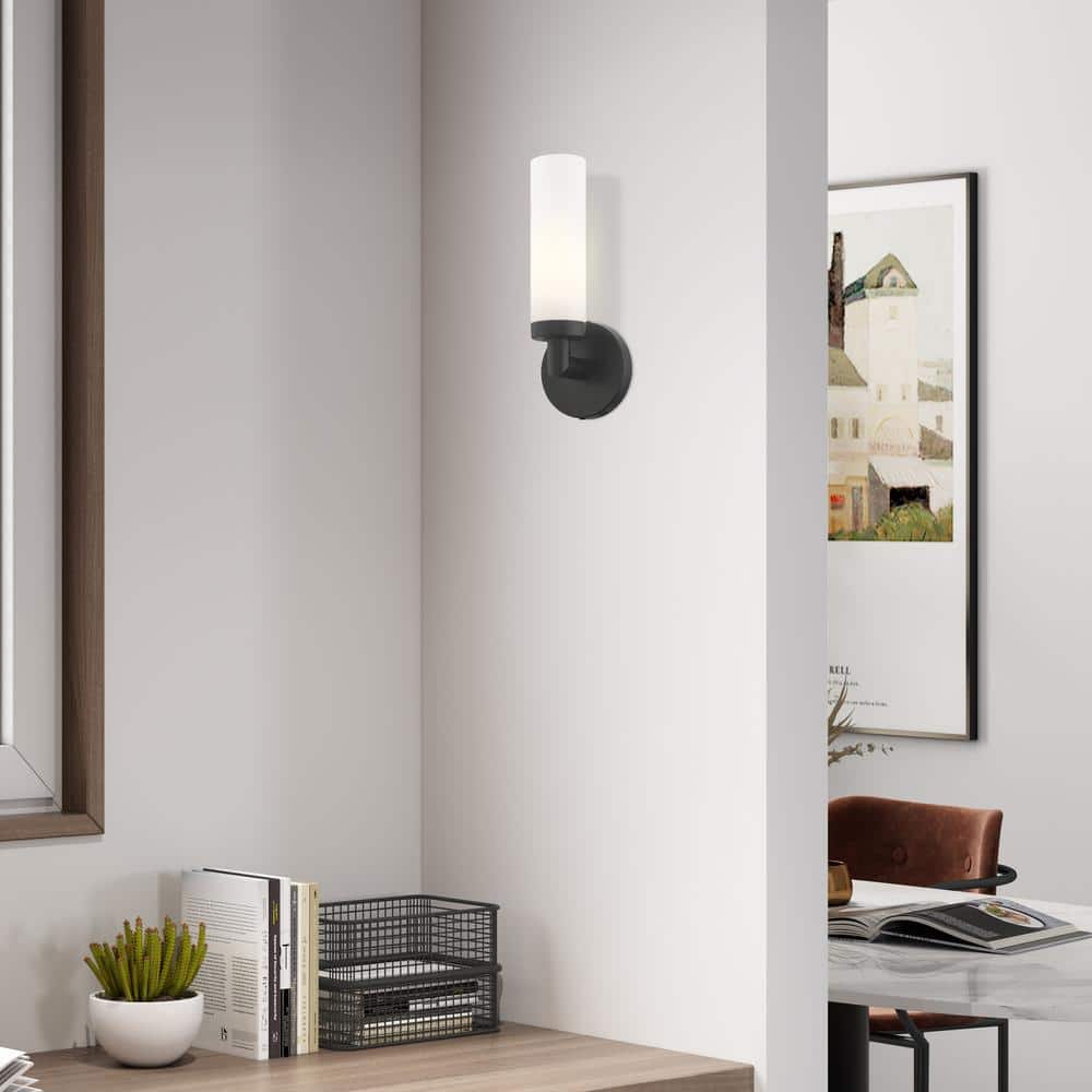 Black Steel Wall Sconce with Satin Opal Glass Shade