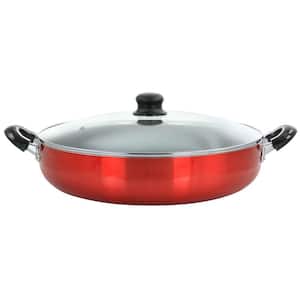 12 in. Red Aluminum Deep Fryer Frying Pan with Glass Lid