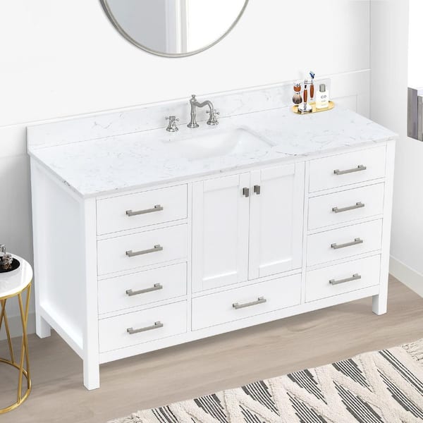 BathMist 60 in. W Single Sink Freestanding Bath Vanity in White with White Engineered Stone Top