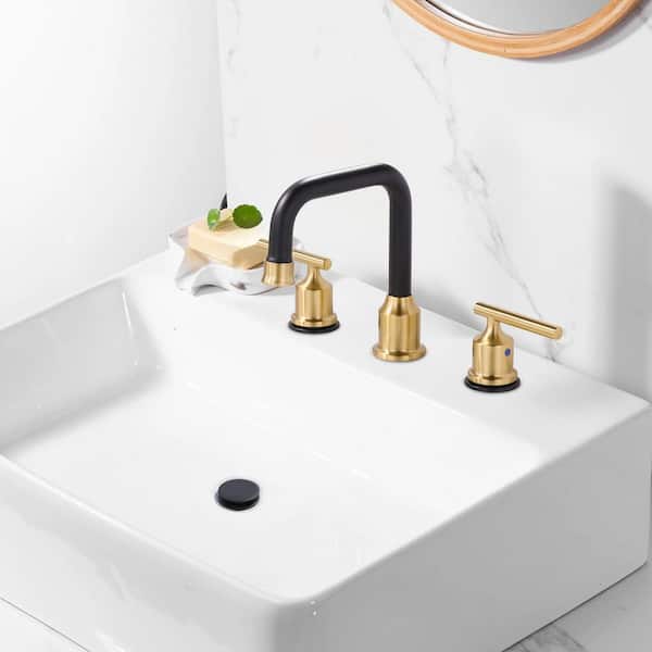 8 in. Widespread 3 Hole Lead-Free Double Handle Bathroom Faucet with Pop-up Drain and Supply Lines in Black and Gold