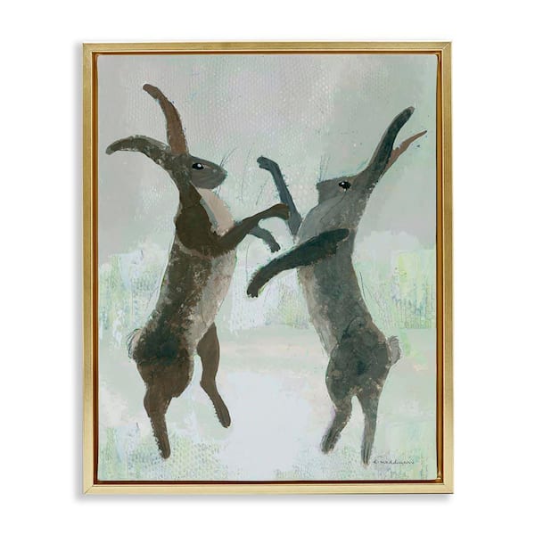 Boxing Hares Impression by Kay Widdowson Gold Floater Frame Animal Graphic Art Print 21 in. x 17 in.