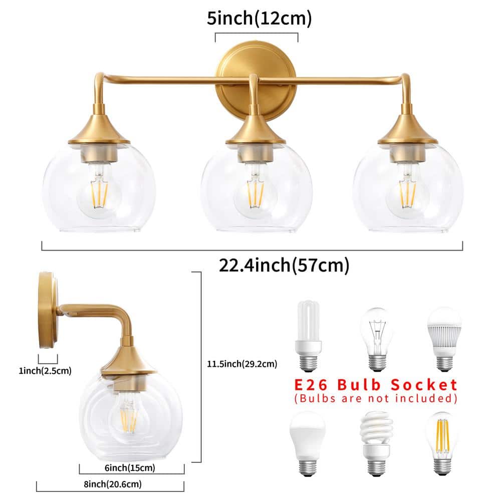 Gold 22.4" 3-Light Vanity Fixture with Clear Glass Shades