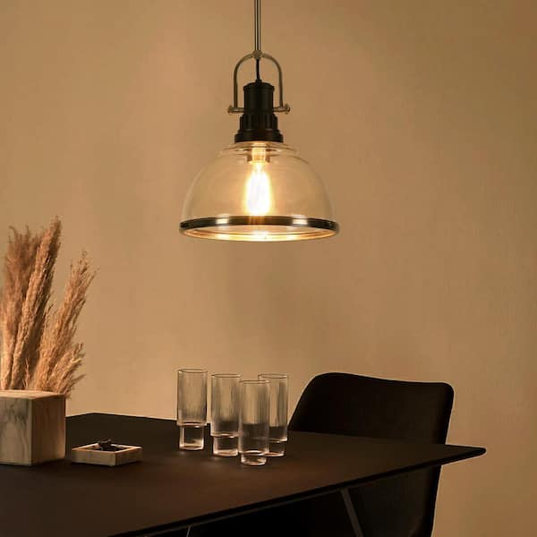 Farmhouse 1-Light Brushed Nickel Shaded Pendant Light with Clear Glass Shade, No Bulbs Included