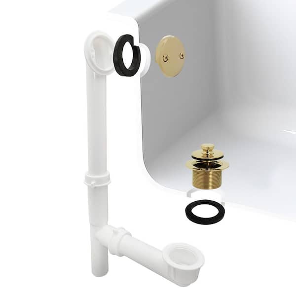Westbrass 14" White Tubular Bath Waste & Overflow Assembly with Twist & Close Drain Plug and 2-Hole Faceplate, Polished Brass