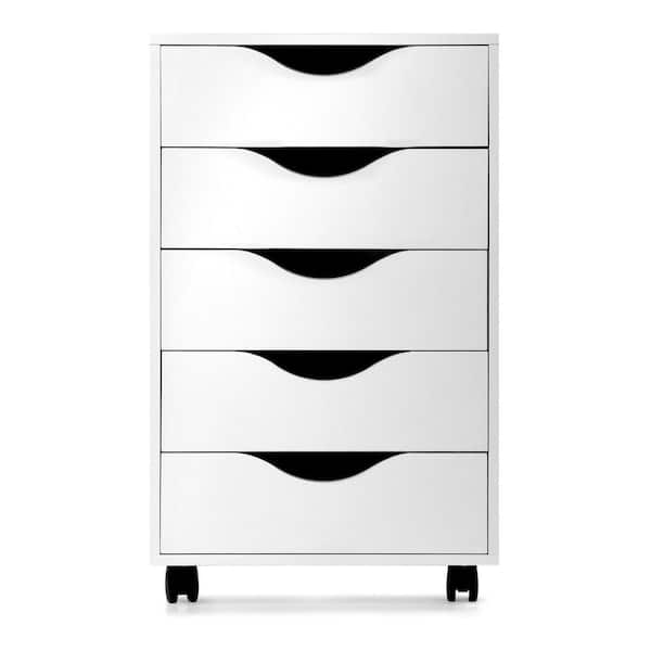 Amucolo White Wood Mobile File Cabinet with Lockable Casters and 5-Drawer