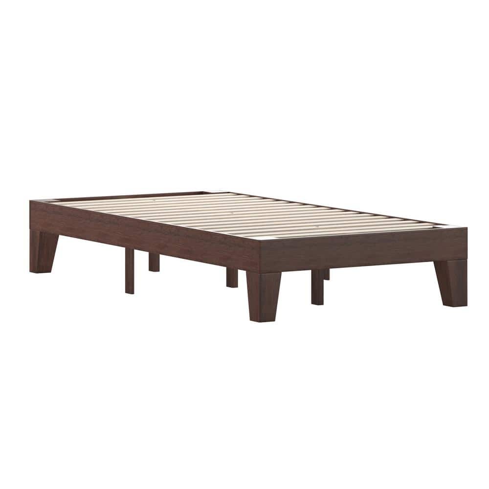 Walnut Twin Wood Platform Bed with Headboard and Drawer