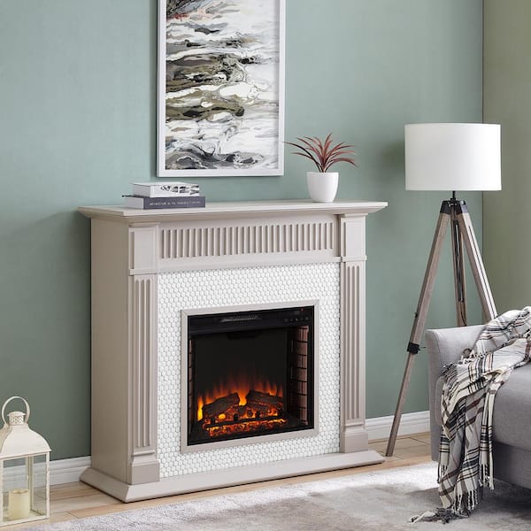 Southern Enterprises Sanderston Penny-Tiled 48 in. Electric Fireplace in Gray and White