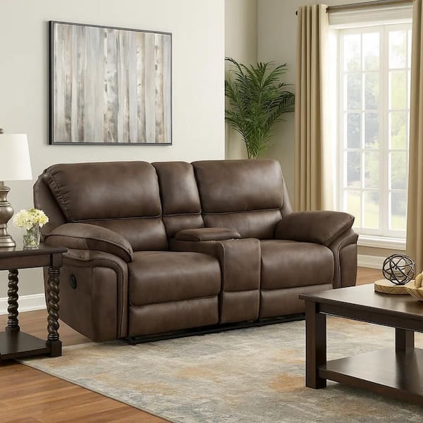 Benjara 79.5 in. Pillow Top Arm Microfiber Rectangle Dual Recliner Loveseat Sofa in Brown
